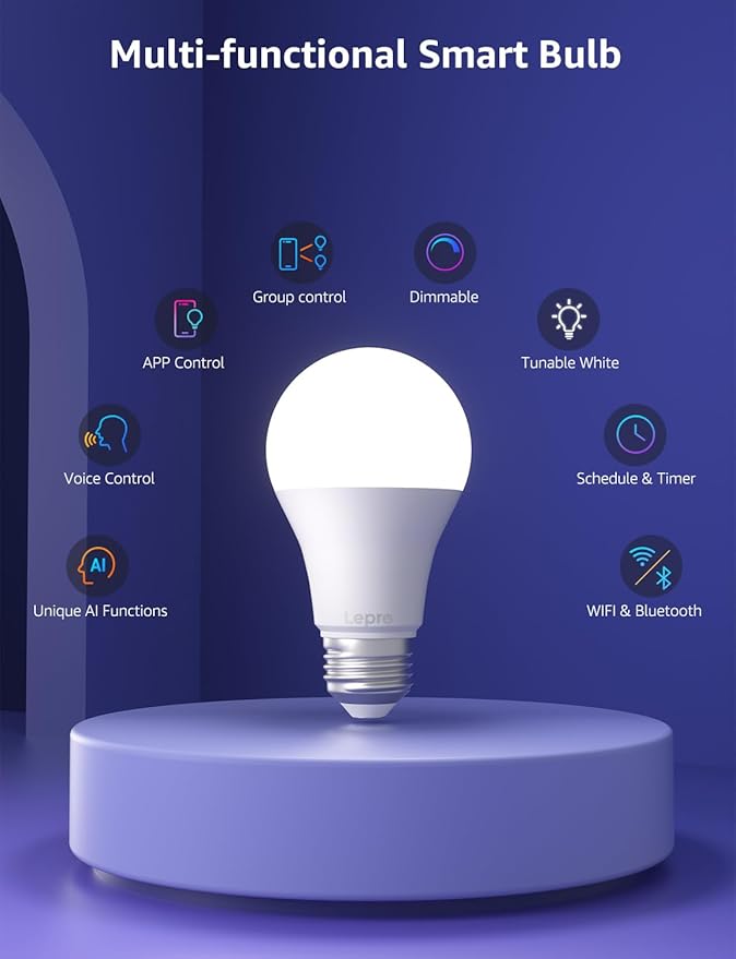 Lepro B1 AI Smart Light Bulbs - RGBWW Color Changing LED Bulb Works with Alexa & Google Assistant, AI Voice Control, Music Sync, A19 E26 Base, 8.5W 800Lumen, 2.4GHz WiFi & Bluetooth, 1 Pack(NO Remote