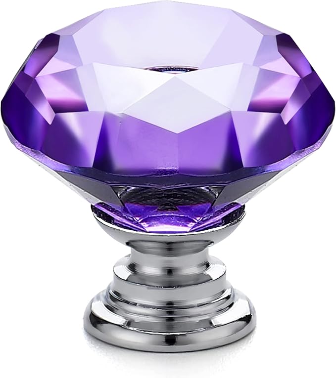 Ravinte 5 Pack Purple Crystal Knobs for Dresser Drawers - 30 mm Glass Cabinet Diamond Shaped Knobs with Silver Base