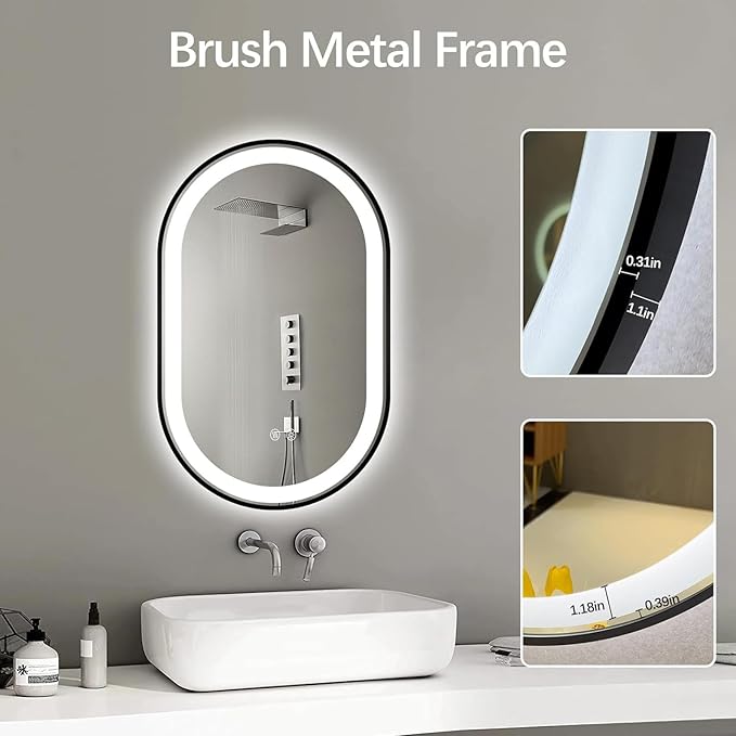 Niccy Oval LED Mirror for Bathroom, 32x20 Front Lit + Backlit Vanity Mirrors with Light Anti-Fog, Shatter-Proof, Makeup Mirror with Black Frame (Horizontal/Vertical)