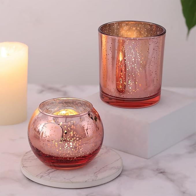 20 Pcs Assorted Rose Gold Candle Holders Bulk, Rose Gold Birthday Decorations for Table, Larger Size Mercury Glass Candle Holders for Wedding, Votive Holders for Valentines, Bridal Shower