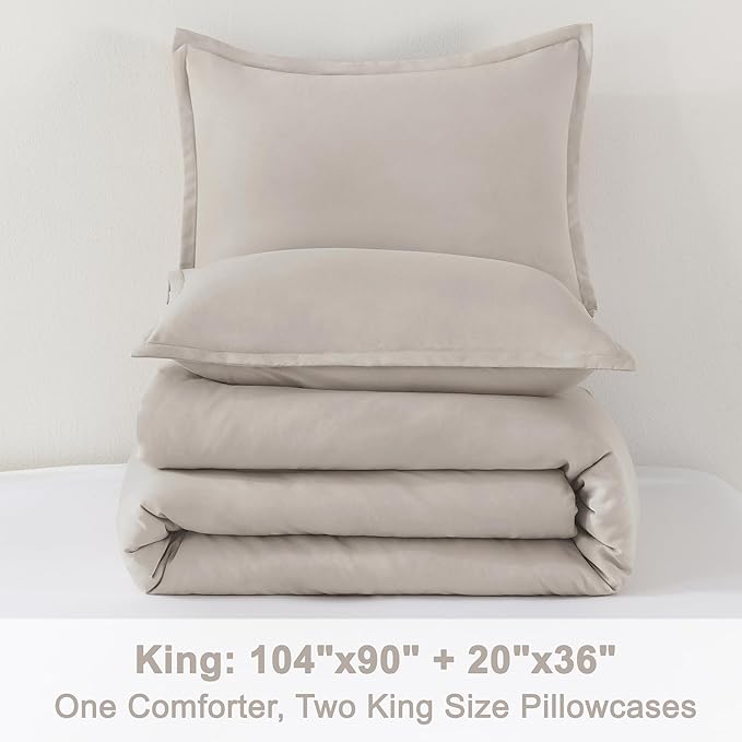 Litanika Linen Grey Comforter Set King Size, 3 Pieces Lightweight Solid Bedding Comforter Set, All Season Fluffy Bed Set (104x90In Comforter & 2 Pillowcases)