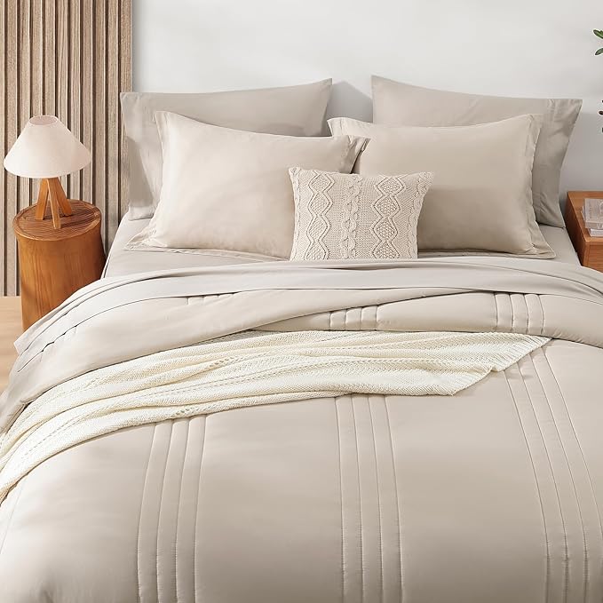 Monbix Full Size Comforter Set - 7 Pieces Beige Bed in a Bag Full Size Bedding Sets with Comforters, All Seasons Comforter with Sheets,Pillowcases & Shams