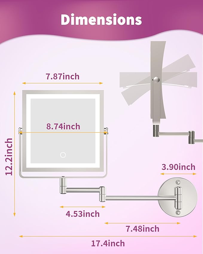 Rechargeable Wall Mounted Makeup Mirror with Lights, 4000mAh Double Sided 1X/10X Magnifying Vanity Mirror with 3 Color Lights, Touch Dimmable, 360° Extension Foldable Arm(Brushed Nickel)