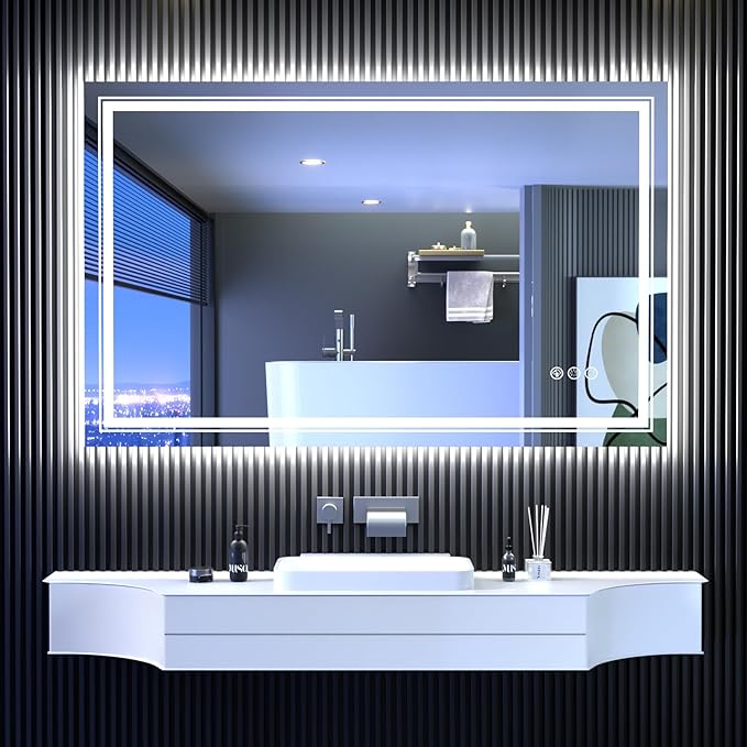 LED Mirror for Bathroom, 48"X30" with 8 RGB Backlit +3 Front Lit (Adjustable Individually), Anti-Fog, Large Lighted Bathroom Vanity Mirror for Wall,Shatterproof,Memory Function,Tempered Glass