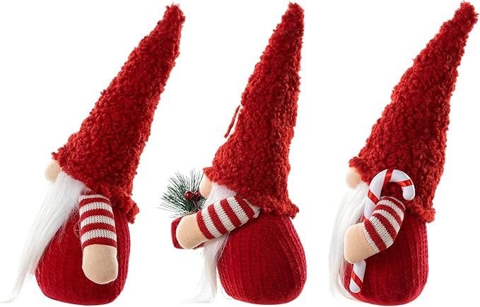 Glitzhome 3 Pack Joy Gnome Christmas Decorations, Fabric Handmade Plush Gnomes Santa Ornaments for Tabletop Home Holiday Decor