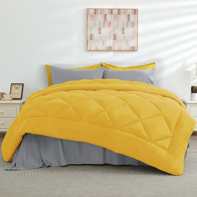 HEVUMYI Cali-King Comforter Set - 7-Piece All Season Bed in a Bag Cali-King, Ultra Soft Bedding Set with Comforter, Flat Sheet, Fitted Sheet, Pillowcases, Pillow Shams, Yellow & Light Grey