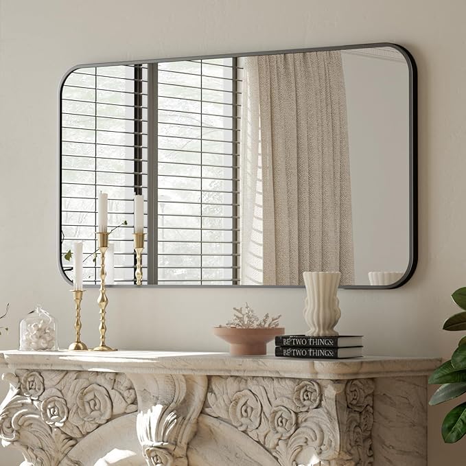 BEAUTYPEAK Black Rectangular Bathroom Mirror - 30" x 40" Wall Mounted Aluminum Alloy Frame Mirror with Rounded Corners for Bedroom Living Room, Horizontal or Vertical