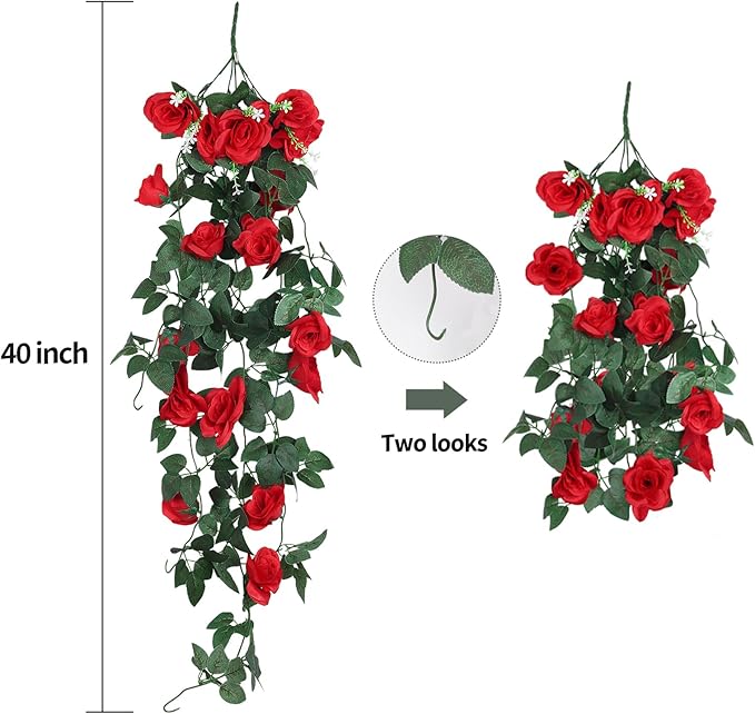 RECUTMS Hanging Flowers Artificial Hanging Rose Flower 2PCS 3.3Ft for Outdoors with 30 LED Fairy String Lights for Indoor Wall Wedding (Red)