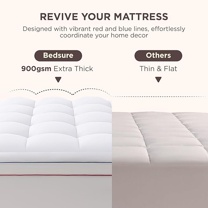 Bedsure Queen Mattress Topper - Extra Thick Mattress Pad Cover with Deep Pocket fits up to 21 Inches, Soft Pillow Top Bed Topper for Back Pain Relief, Overfilled with Down Alternative Filling, White