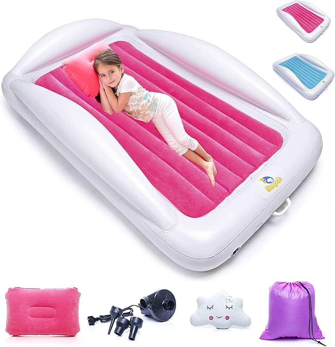 Sleepah Inflatable Toddler Travel Bed Portable Kids Air Mattress Set w Safety Rail Guards for Kids & Toddlers – Includes Pump, Carry Case, Pillow & More - Perfect Transitional Cot Coral