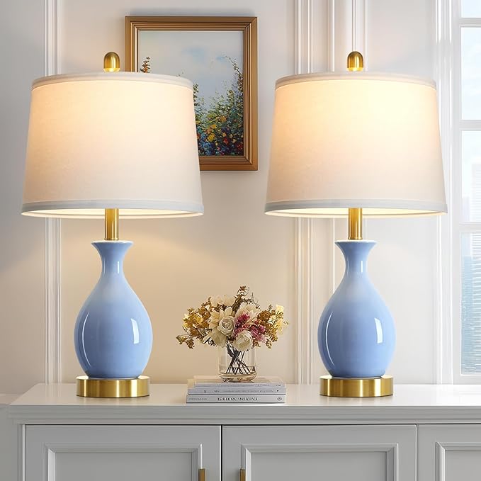 24″ Light Blue Ceramic Table Lamps Set of 2, Modern Classic Bedside Lamps for Bedroom Nightstand, Small Table Lamp for Living Room Side Table (2 LED Bulbs Included)