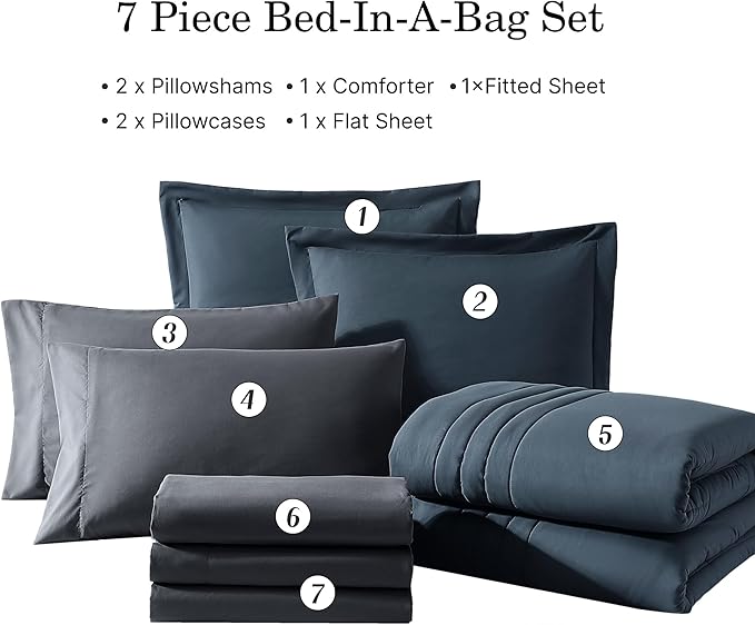 Monbix Queen Comforter Set - 7 Pieces Blue Gray Bed in a Bag Queen Bedding Sets with Comforters, All Seasons Comforter Bed Set with Sheets,Pillowcases & Shams