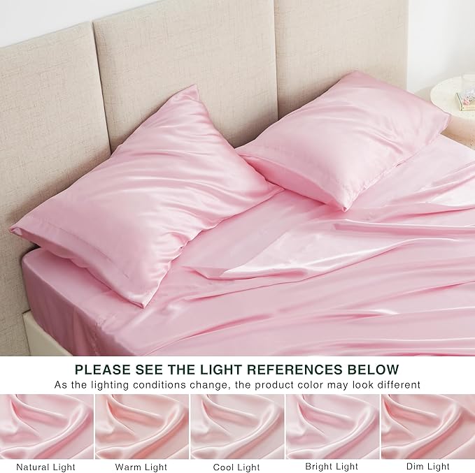 Love's cabin Twin Satin Sheets Sets - 3 Piece Pink Silky Bed Sheets with Deep Pockets, Luxury Silk Feel Satin Twin Size Sheet Set Bedding Set (1 Flat Sheet,1 Fitted Sheet,1 Pillow case)
