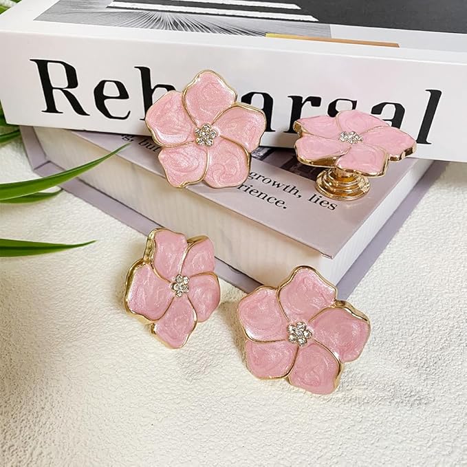 4 pcs Petal Knob Handle Unique Zinc Alloy Flower Shape Single Hole Knob Handle for Cabinets,Drawers, Wardrobes Furniture Decoration(Pink)