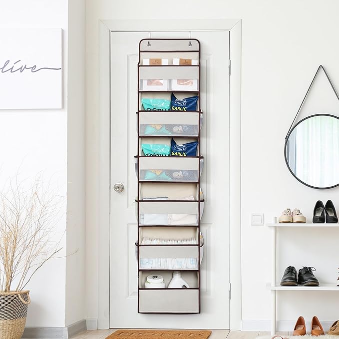 Univivi 6 Tier Over The Door Organizer With 8 Mesh Side Pockets, Bathroom Organizers and Storage Over The Door Organizer For Nursery Baby Essentials (Beige)