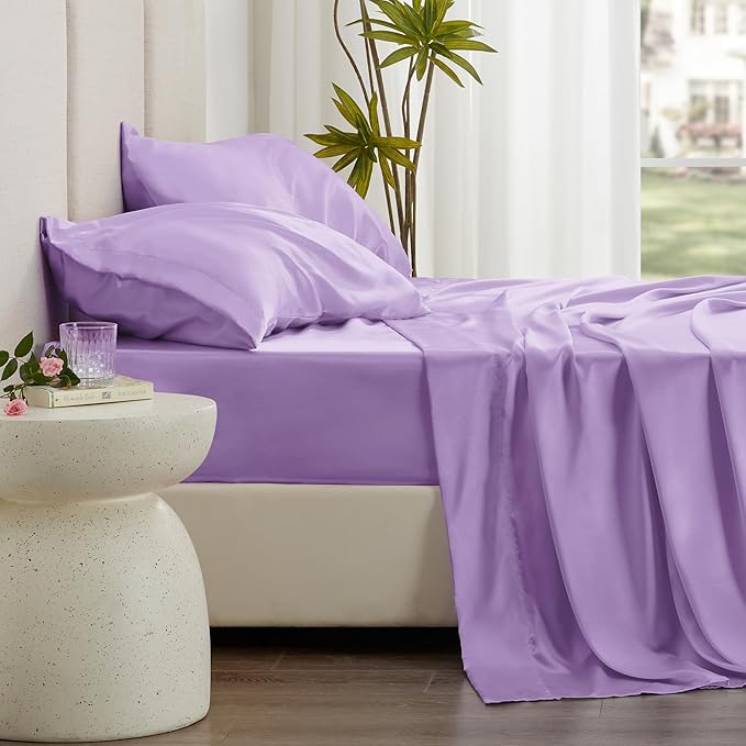 Love's cabin Full Size Satin Sheet Sets - 4 Piece Lavender Silky Sheet Set with Deep Pocket, Luxury Silk Feel Satin Sheets Full Bedding Set (1 Flat Sheet,1 Fitted Sheet,2 Pillow Cases)