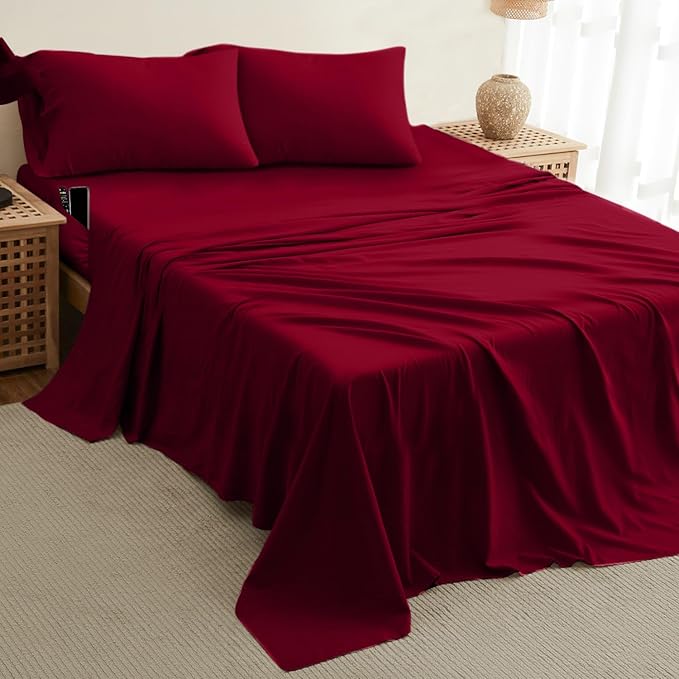 DREAMCARE King Size Sheets Set – 4 pcs Cooling Sheets – up to 21” Deep Pocket King Sheet Set – Hotel Luxury Sheets & Pillowcases – Superior Softness 100% Fine Microfiber with Side Pocket – Burgundy