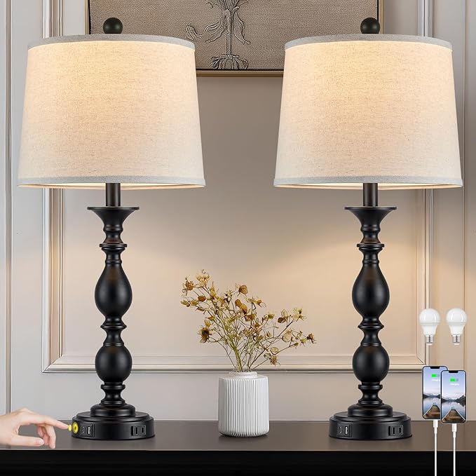 28" Tall Modern Table Lamps Set of 2 with USB C+A Ports and AC Outlet, 3 Way Touch Metal Bedside Lamps for Living Room, Black Farmhouse Nightstand Lamps for Bedroom