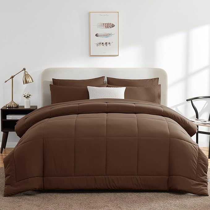 CozyLux Full Size Comforter Sets Brown, 7 Pieces Bed in a Bag, Brown Comforter Full Size, All Season Bedding Sets with Stitch Quilted Comforter, Flat Sheet, Fitted Sheet, Pillowcases