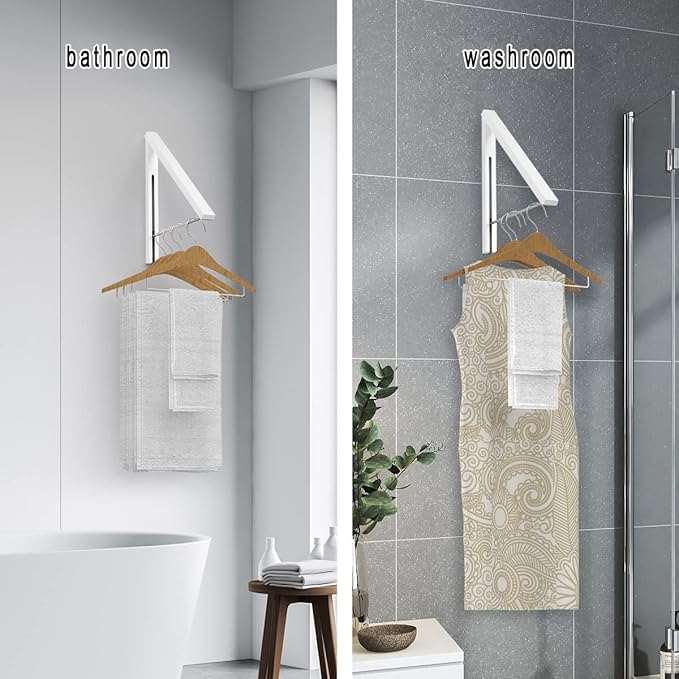 Folding Clothes Hanger Wall Mounted Retractable Clothes Rack, Aluminum, Easy Installation, White