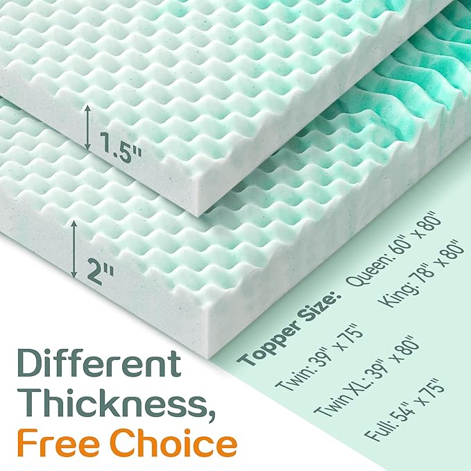 SINWEEK 2 Inch Mattress Topper 5-Zone Memory Foam Mattress Topper Pressure Relieve Soft Mattress Pad, CertiPUR-US Certified, Full Size, Green