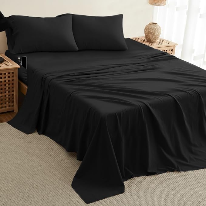 DREAMCARE Queen Sheet Set – 4 pcs Cooling Sheets – up to 21” Extra Deep Pocket Queen Sheets – Hotel Luxury Sheets & Pillowcases – Superior Softness 100% Fine Microfiber with Side Pocket – Black