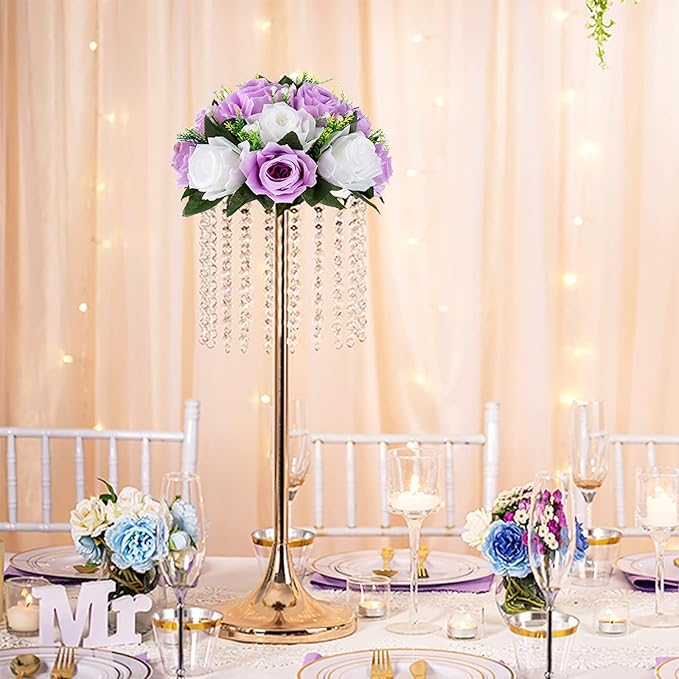 BLOSMON Purple Flowers Ball for Centerpieces: 6 Pcs Fake Lilac White Roses Flowers for Wedding Dinning Table - Faux Silk Kissing Bouquet with Base Floral Arrangement for Home Party Event Decor