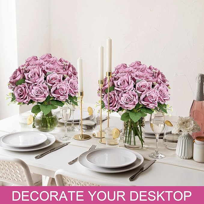 Purple Roses Artificial Flowers - 8 Bundles Fake Silk Rose Flower Realistic Faux Florals Bulk for Wedding Bridal Party Baby Shower Event Home Arrangements Centerpieces Decor (Dusty Purple)