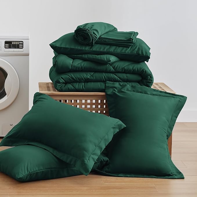 Love's cabin California King Comforter Set Dark Green, 7 Pieces California King Bed in a Bag, All Season Bedding Sets with 1 Comforter, 1 Flat Sheet, 1 Fitted Sheet, 2 Pillowcase and 2 Pillow Sham