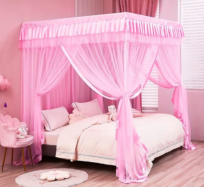 Mengersi Bed Canopy for Girls,Canopy Bed Curtains Canopy for Bed Drapes,Princess Bed Curtains Birthday Present Girls Room Decor,Pink