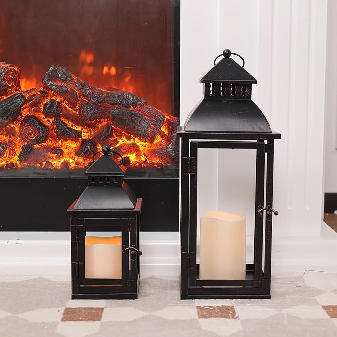 DECORKEY LED Lanterns Decorative Outdoor&Indoor, Set of 2 (17ββ&11ββ) Large Black Metal Lantern Decor with bronze brush, Candle Holder for Porch, Patio, Garden, Balcony, Wedding Decorations (No Glass)