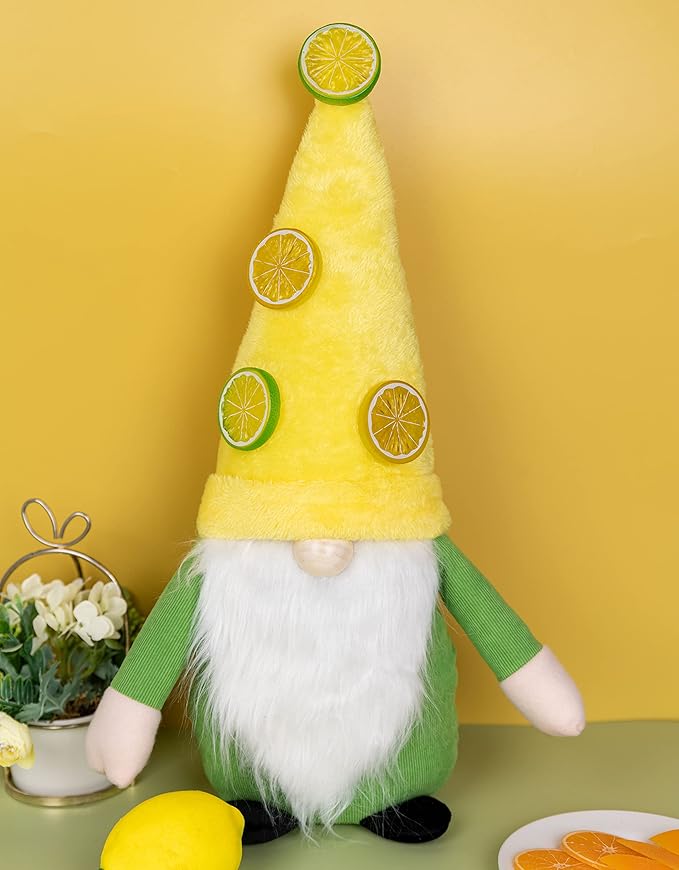 WILLOW&RILEY Lemon & Lime Gnome Kitchen Decor - Cute Farmhouse Style Stuffed Plush Shelf Figurine - Lemon Decor - Rustic Lemon Gnomes Decorations for Home & Office - Indoor Gnome Decor