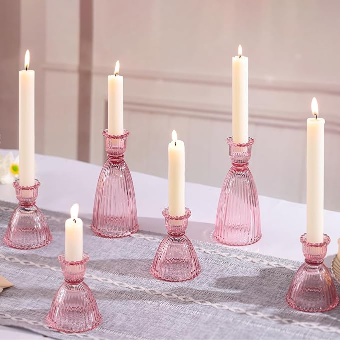 LAMORGIFT Pink Candle Holder Set of 6-4pcs 3.5"& 2pcs 6" Assorted Glass Pink Candlesticks Holder for Wedding Decor, Ribbed Taper Candle Holders Bulk for Bridal Shower, Home Table Centerpieces