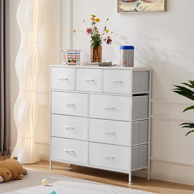 DUMOS Dresser for Bedroom, Storage Organizer with 9 Drawers, Chest of Drawers with Fabric Bins, Sturdy Metal Frame, Wood Tabletop for Guest Room, Closet, Entryway, Nursery