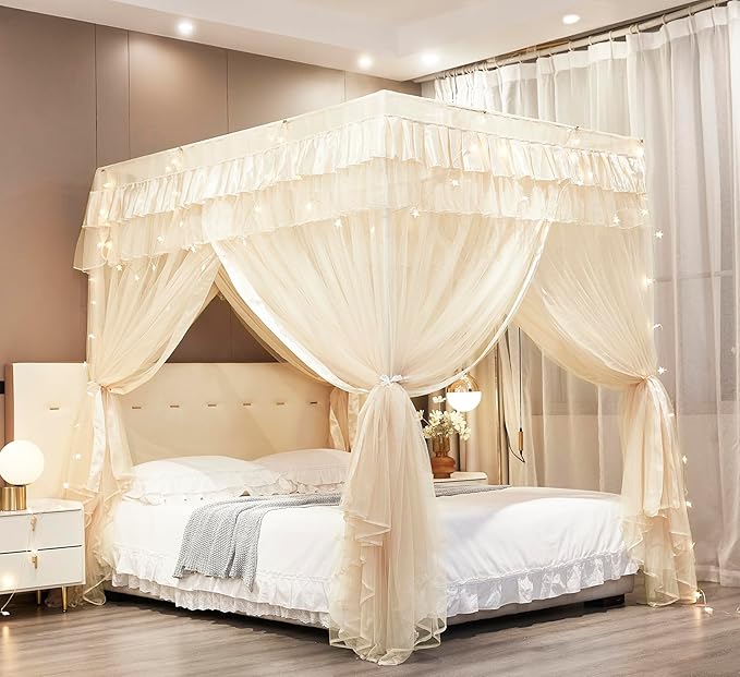 Mengersi Canopy Bed Curtains Queen Sizes,Bed Canopy for Girls Royal Luxurious Cozy Bed Drapes Girls Room Decor(Ivory,Queen)