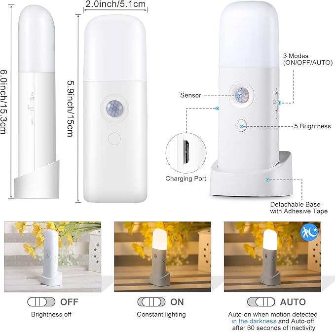 YELKO Motion Sensor Night Light, 2000mAh Rechargeable Night Lights Battery Powered, PortableDimmable Nightlights with 5 Brightness Levels for Kids,Adults (Warm White 1Pack)