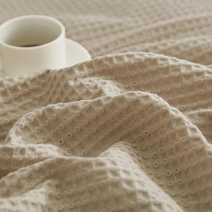 PHF 100% Cotton Waffle Weave Throw Blanket,Pre-Washed Snag Proof Lightweight Breathable Moisture-Wicking for Layering in Cold Weather for Couch Bed,Machine Washable,Home Decor Gift-Khaki/Simply Taupe