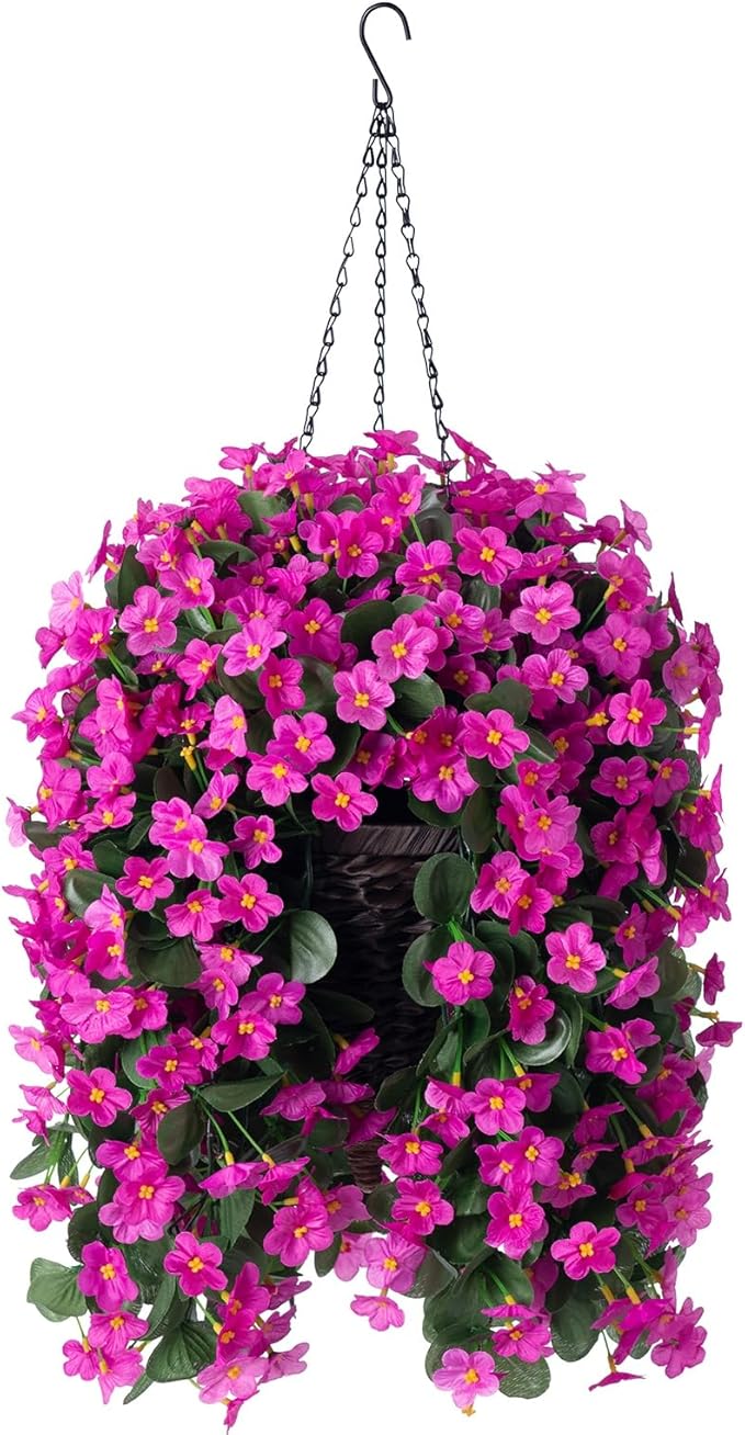 Artificial Faux Silk Hanging Flowers Plants Baskets for Outdoor Outside Spring Summer Decoration, Fake UV Resistant Look Real Fuchsia Orchid Trailing Vines for Porch Patio Home