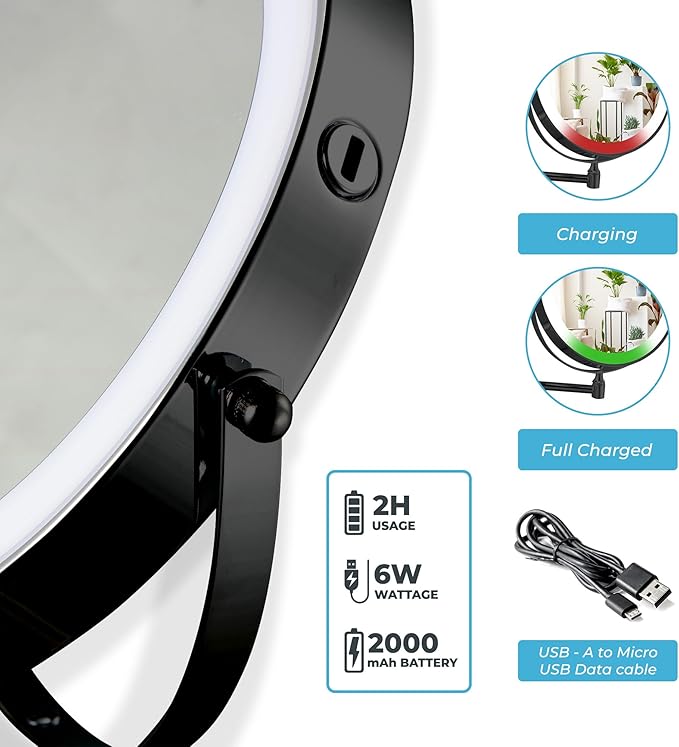 Fab Glass and Mirror Rechargeable 8" Lighted Vanity Makeup Mirror, Dual-Sided 1X/10X Magnification with 3 Color LED Touch Control, Dimmable & Rotating Wall Mounted Design (Black)