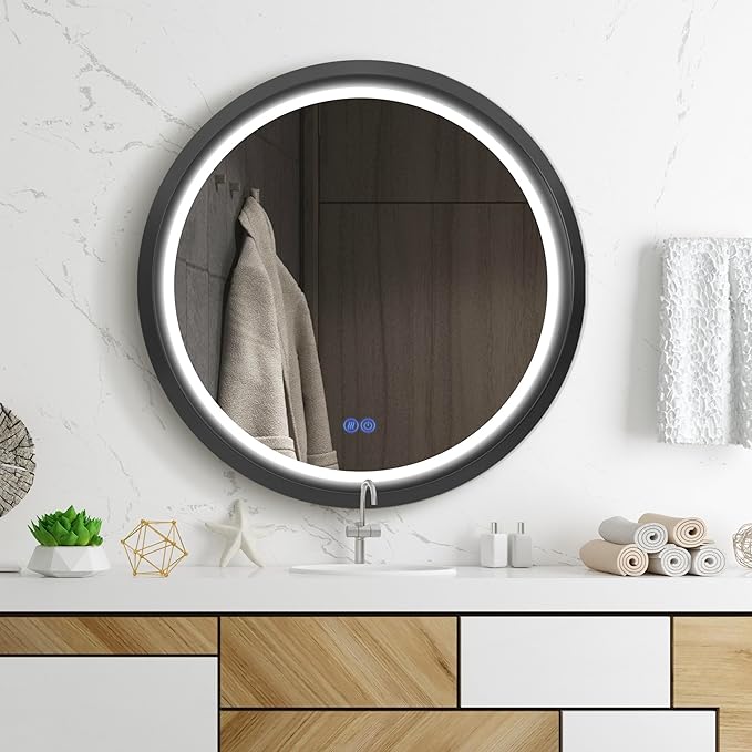 Fab Glass 32 Inch Front Lit LED Circle Vanity Bathroom Mirror, Anti-Fog Dimmable Touch & 3 Color Modes Round Framed LED Mirror 32" L X 32" W Black