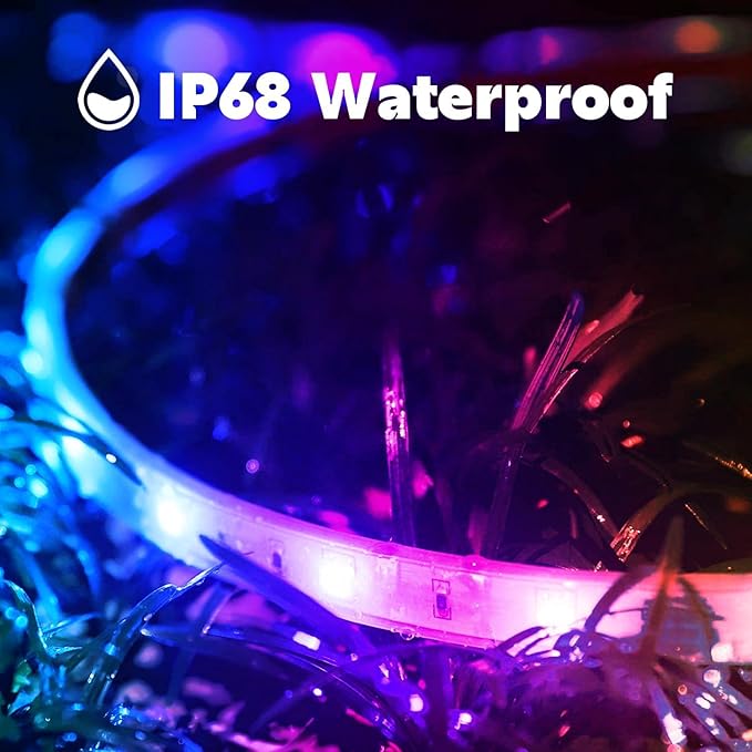 50Ft Outdoor LED Strip Lights Waterproof,Music Sync RGB IP68 Outside Led Light Strips Waterproofs with App and Remote,Exterior Led Rope Lights Waterproof for Deck,Balcony,Roof,Garden,Pool