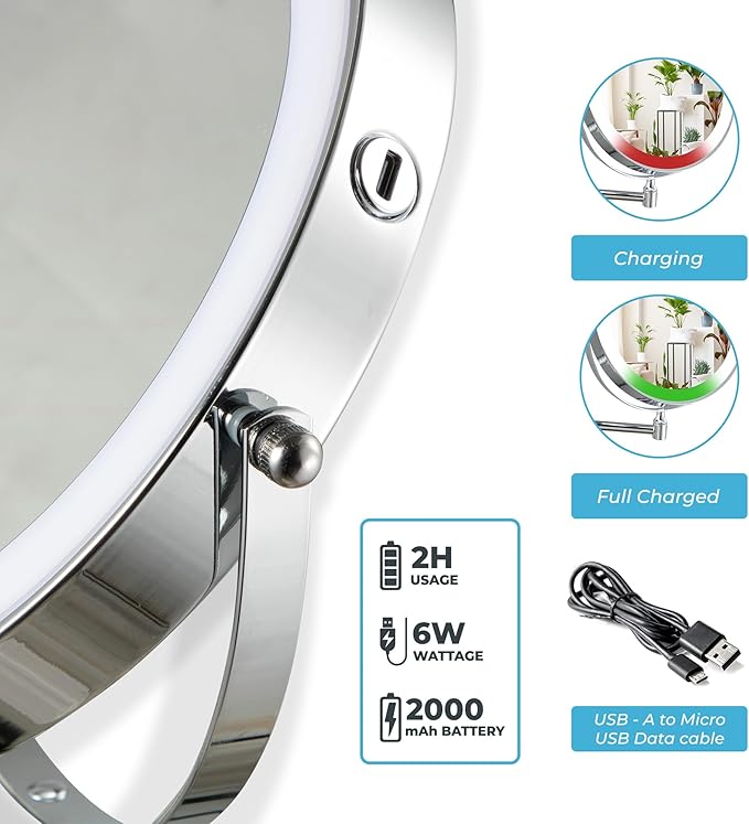 8" Rechargeable Lighted Makeup Mirror, 1X/10X Magnification with 3 Color Touch Dimmable Lights, 360° Rotating Double-Sided Wall Mount Mirror (Chrome) – Fab Glass and Mirror