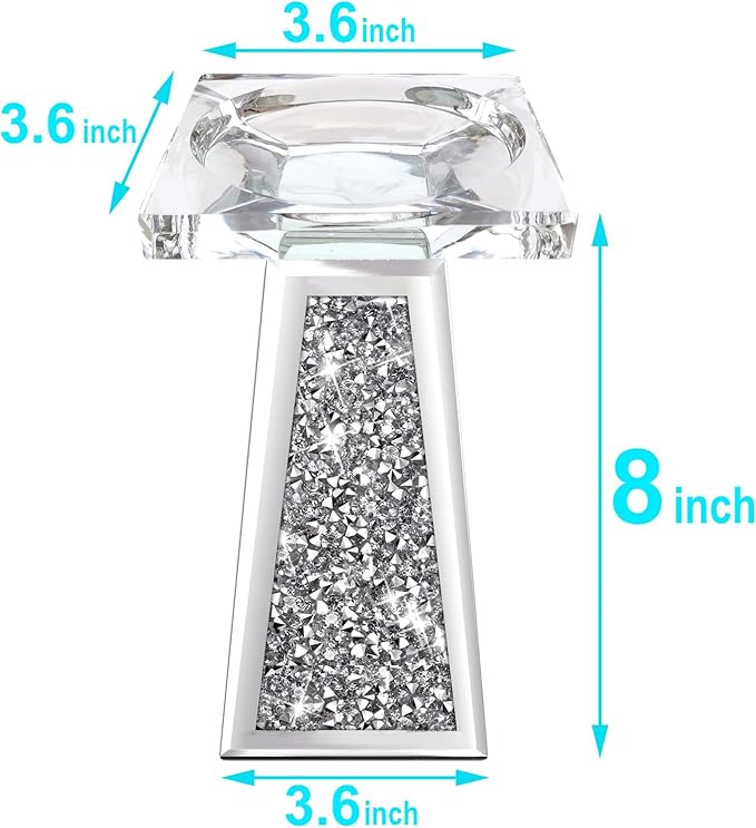 Wocred 2 Piece Candlestick Holders for Holding Pillar Candles, Crystal Crushed Diamond Candle Holders Set Decor for Dinning Room, Silver Glass Votive Candle Holders for Table Centerpiece(8”)