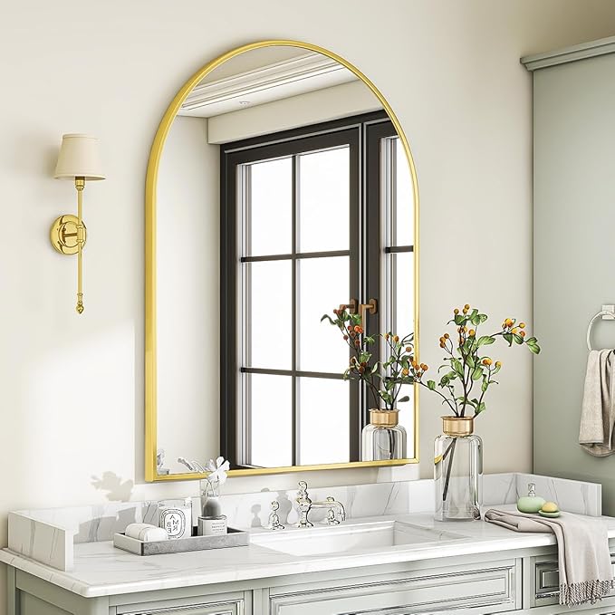VooBang Arched Wall Mirror, 30 x 38 inch Arch Bathroom Mirror, Wall Mounted Vanity Mirror with Arch Metal Frame, Modern Bathroom Vanity Mirror for Bedroom, Living Room, Hanging or Leaning, Gold