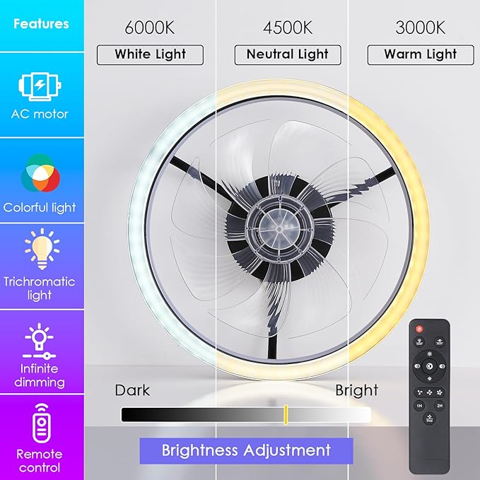 Ceiling Fans with Lights - Modern Flush Mount Ceiling Fan,16" RGB Dimmable LED Enclosed Ceiling Fans,Low Profile Bladeless LED-RGB Ambient Light for Bedroom Kids Room Party(Black)