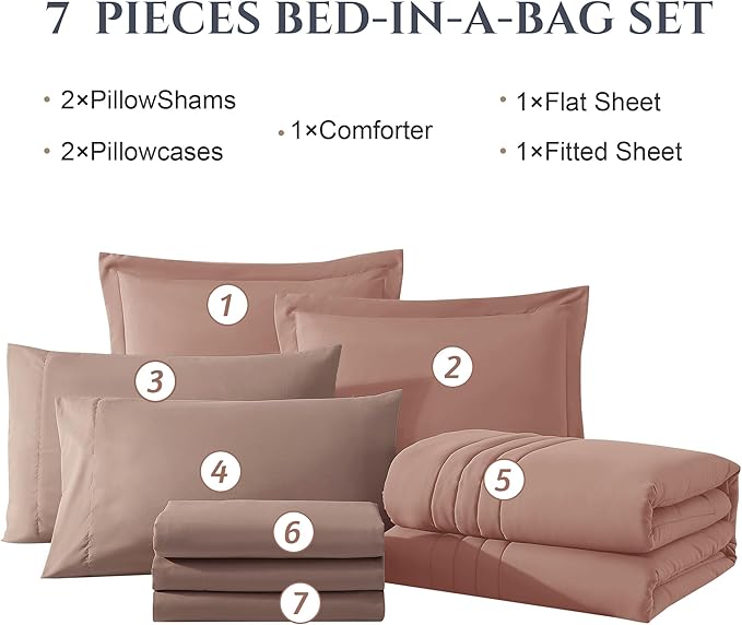 Monbix Queen Comforter Set - 7 Pieces Clay Pink Bed in a Bag Queen Bedding Sets with Comforters, All Seasons Down Alternative Comforter Bed Set with Sheets, Pillowcases & Shams
