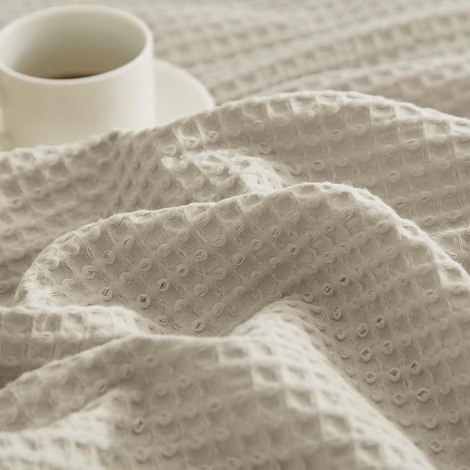 PHF 100% Cotton Waffle Weave Throw Blanket,Pre-Washed Snag Proof Lightweight Breathable Moisture-Wicking for Layering in Cold Weather for Couch Bed,Machine Washable,Home Decor Gift-Linen