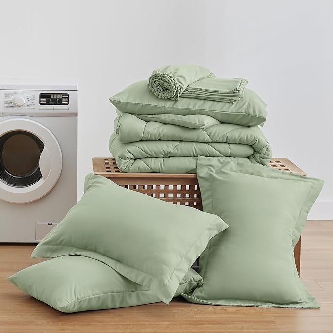 Love's cabin Queen Comforter Set Sage, 7 Pieces Queen Bed in a Bag, All Season Bedding Sets with 1 Comforter, 1 Flat Sheet, 1 Fitted Sheet, 2 Pillowcase and 2 Pillow Sham