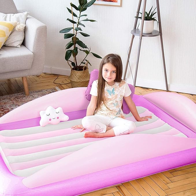 Sleepah Inflatable Toddler Travel Bed – Inflatable & Portable Bed Air Mattress Set –Blow up Mattress for Kids with High Safety Bed Rails. Set Includes Pump, Case, Pillow & Plush (Purple)
