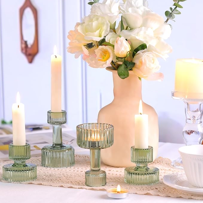 Candlestick Holders Bulk, 6 Pcs Green Combination Candle Holders Set, Crystal Candle Holders for Wedding, Table Centerpiece, Home Decoration